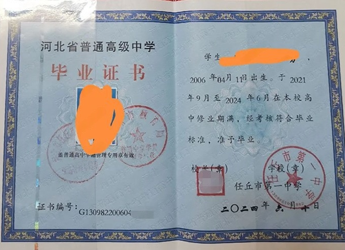 东港任丘市第一中学高中毕业证样本图片